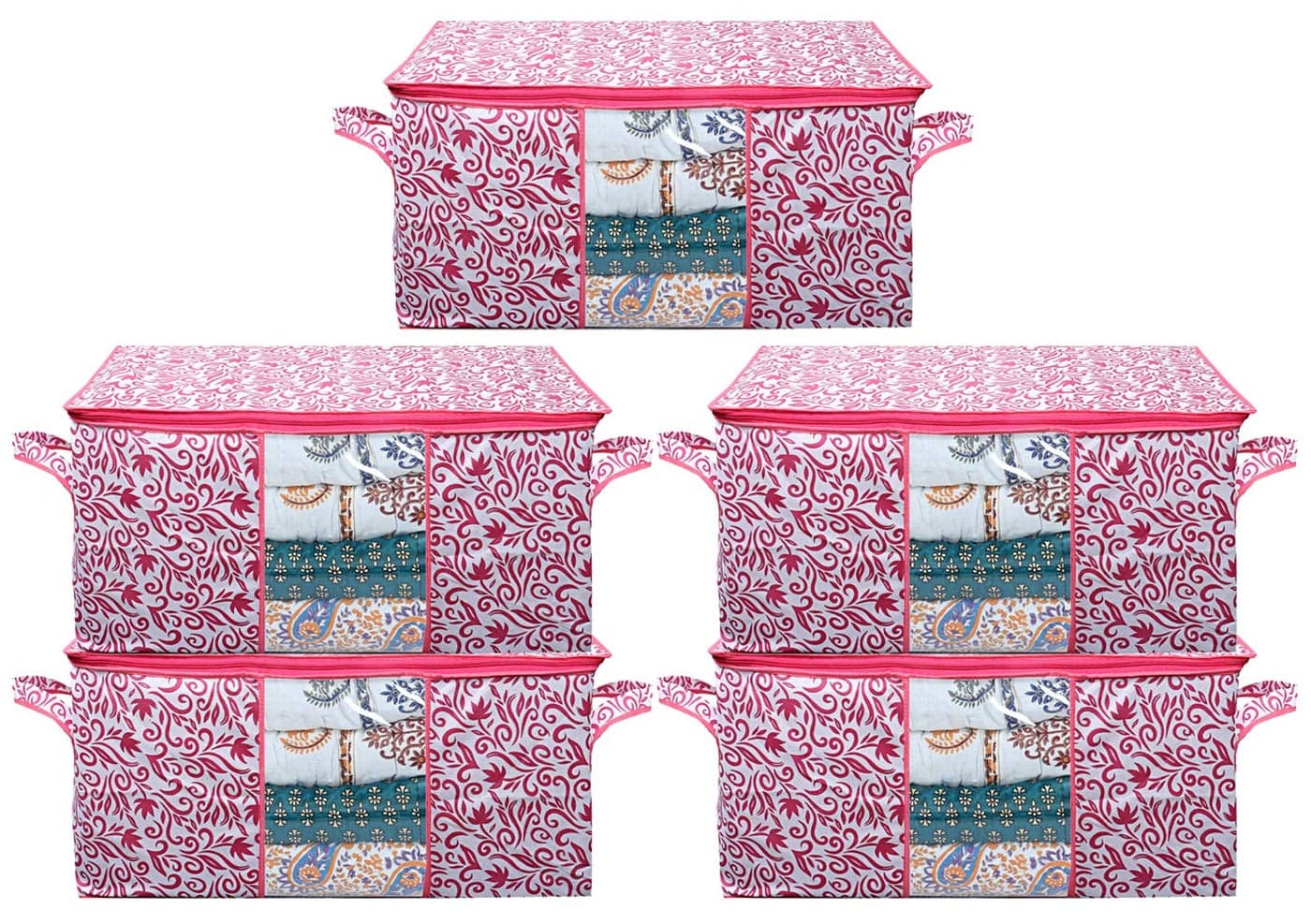 Kuber Industries Leaf Design Non Woven Underbed Storage Bag Organiser Blanket Cover Pink CTKTC21207 5 Pieces