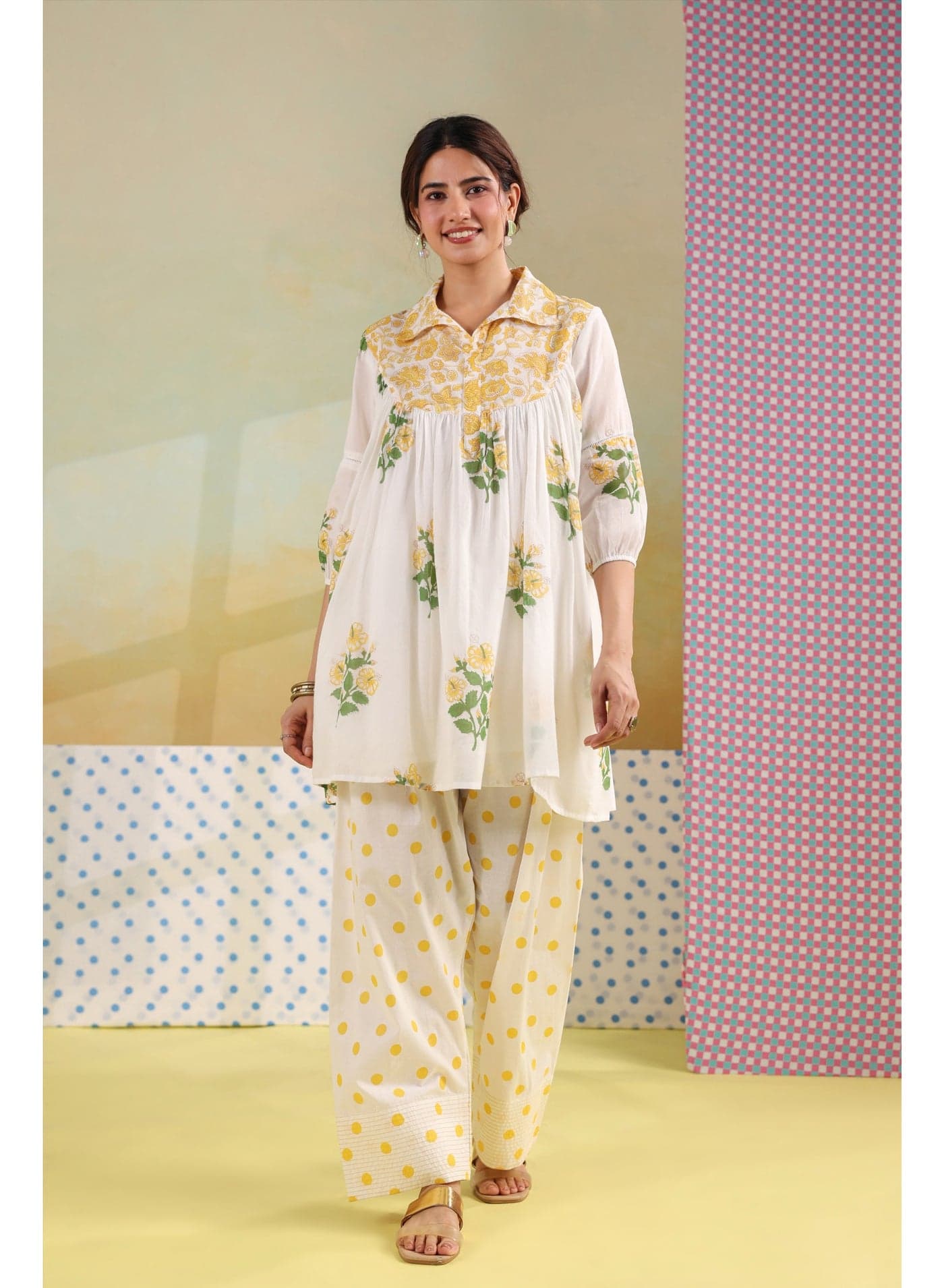 Off White Yellow Cotton Mulmul Hand Block Printed Co-ord Set with Farshi Salwar for Women – Indian Ethnic Kurta Set Daily Wear