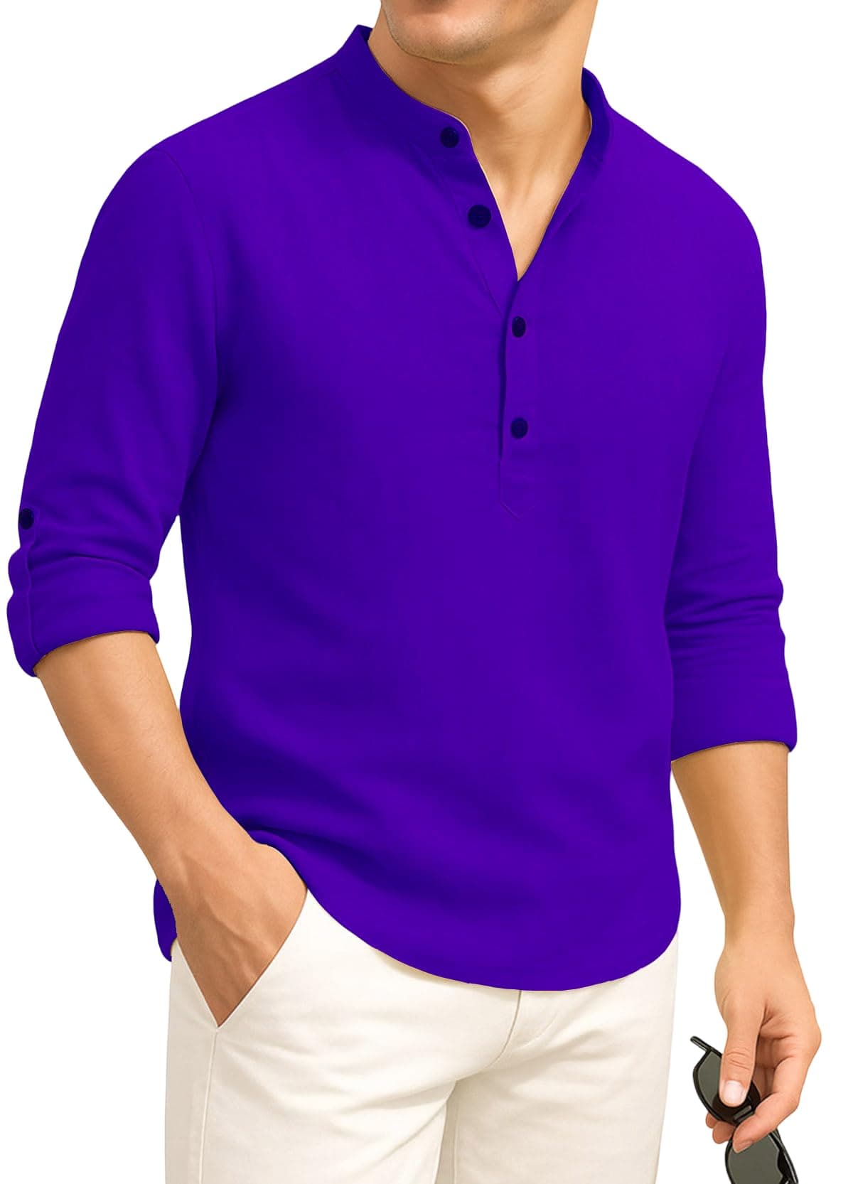 DEELMO Men's Cotton Blend Solid Regular Fit Full Sleeve Short Kurta | Men's Trendy Short Kurta Royal Blue