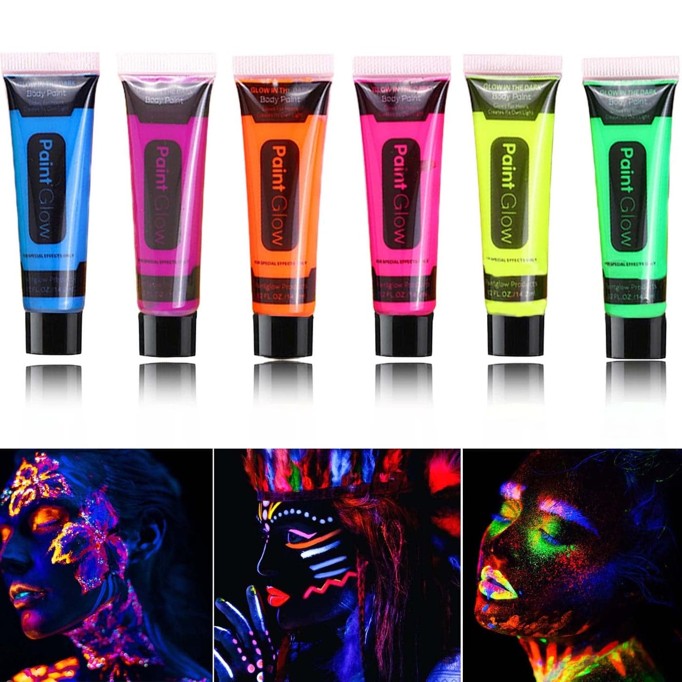 WENJLYJ 6 PCS Glow Body Paint SetGlow in Dark Face Glitter Paint Body Glow Powder Neon Party Supplies Facial Highlighter Kits for AdultsKidsBody Makeup