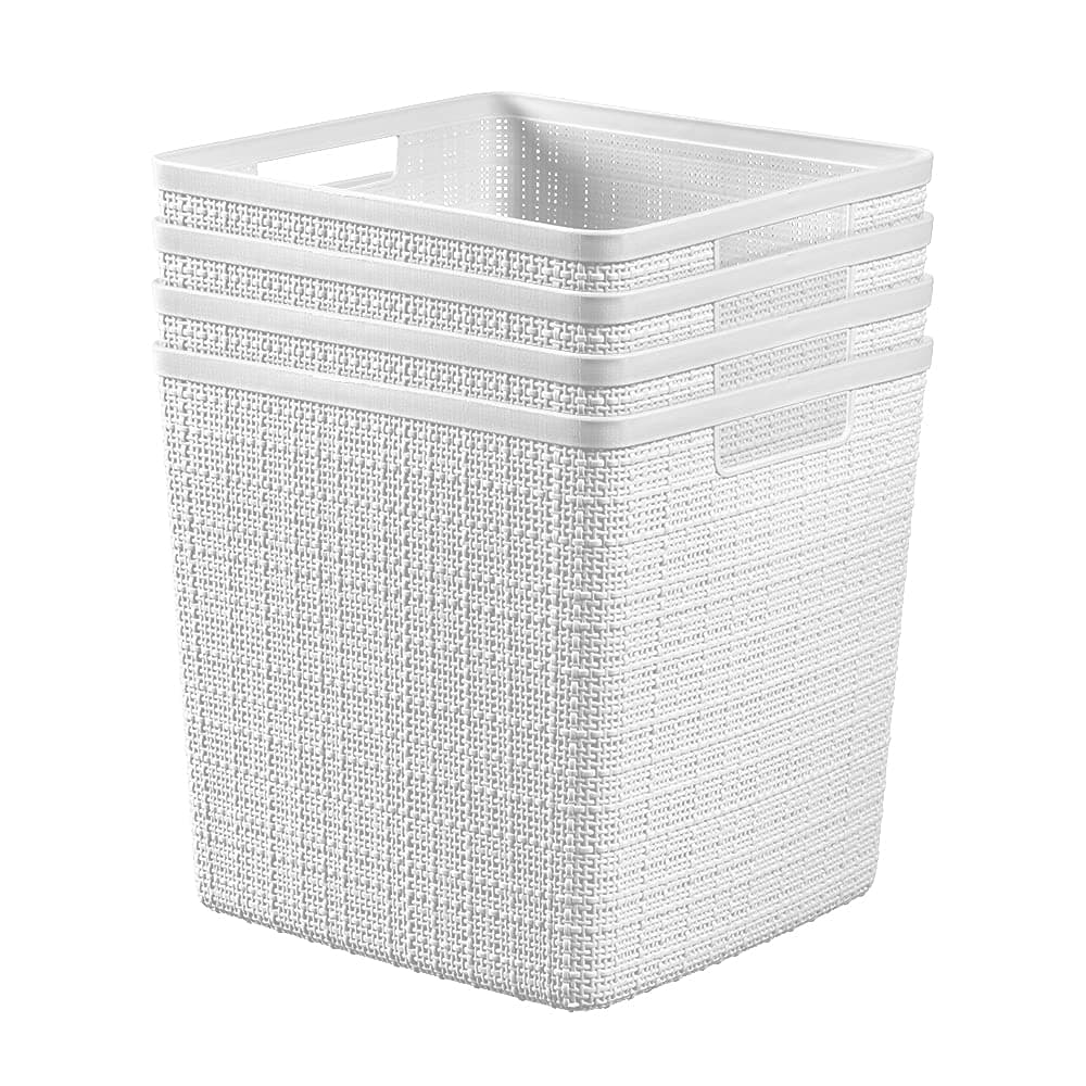 Curver Jute Decorative Plastic Organization and Storage Basket Perfect Bins for Home Office Closet Shelves Kitchen Pantry and All Bedroom Essentials White Large Cube Set of 4