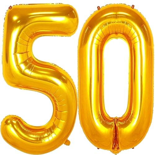 Jonhamwelbor 50 Number Balloons Gold Big Giant Jumbo Number 50 Foil Mylar Balloons for 50th Birthday Party Supplies 50 Anniversary Events Decorations