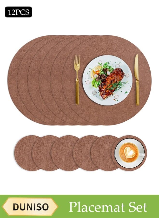 12 Pcs Pvc Leather Placemats And Coasters Tableware Set, Round Heat-Resistant And Non-Slip Table Mats, Including 6 Placemats, 6 Coasters, Washable, Oil-Resistant, Suitable For Home And Restaurant, Washable (Dark Brown)