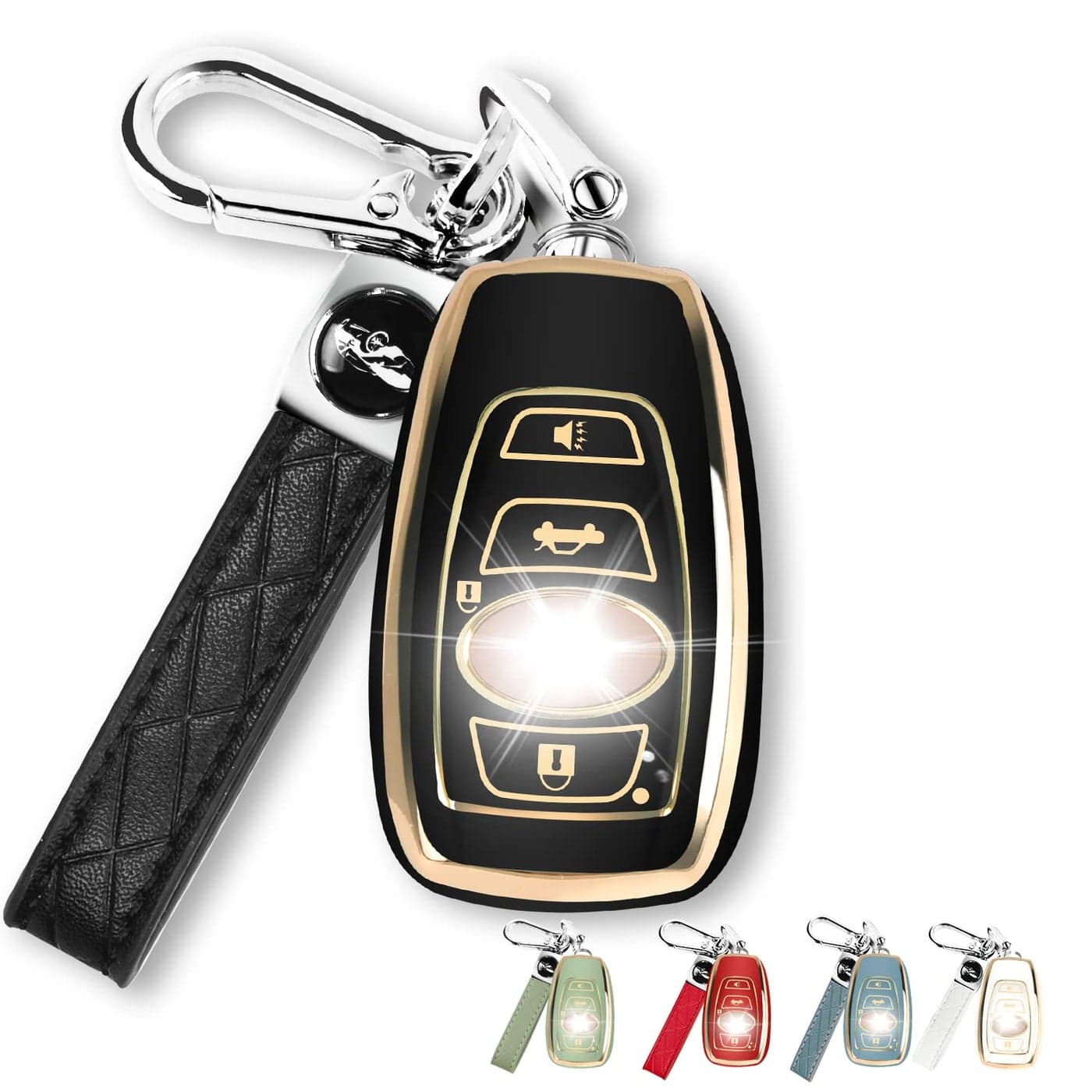 QBUC for Subaru Key Fob Cover Case with Genuine Leather Keychain for Subaru Forester CrossTrek Ascent Outback Legacy WRX etc Black