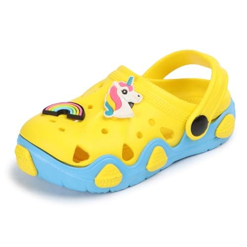TRASE MG-II Unisex-Child Kids Light Weight Clogs | Outdoor, Walking, All Day Casual Wear- Yellow-Sky Blue, 10 Kids UK