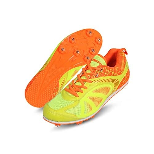 Vector X Bolted High-Performance Outdoor Running/Athletic Track and Field Shoes with Removeable Spike|Durable Sports Footwear Shoe for Adult, Men Women & Boys Kids (Green-Orange, Size-6)