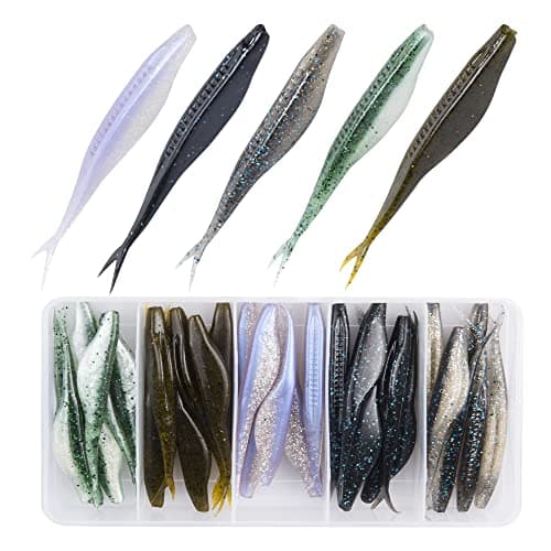 Bombrooster Fishing Bait Soft Plastic Fishing Lure, 4in Salty Split Tail Jerk Shad Minnows Lure for Bass Fishing, Swimming Jerk Bait 30 Pcs with Tackle Box