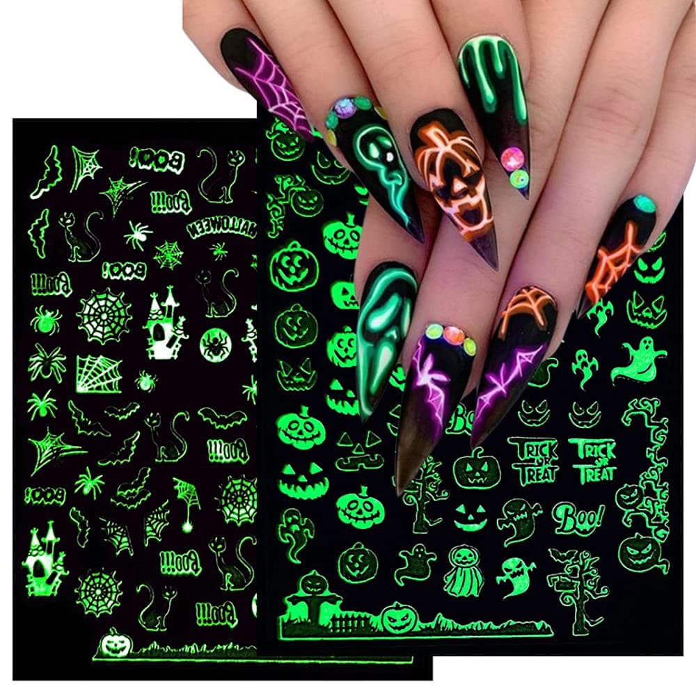 Luminous Nail Stickers 3D Halloween Nail Art Designs Skull Ghost Pumpkin Spider Bat Decals SelfAdhesive 6 Sheets