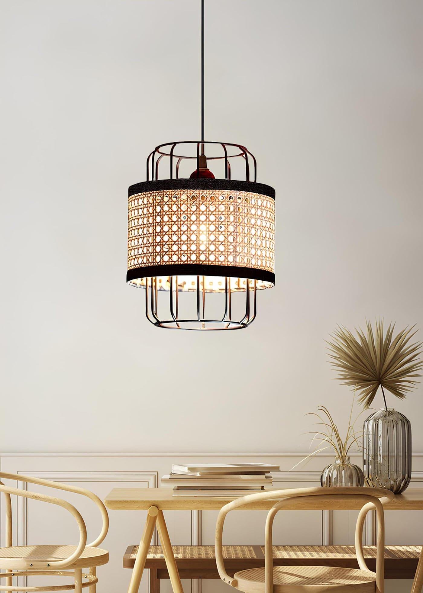 AKWAY Bamboo Hanging lamp for Living Room | Rattan Hanging lamp for Drawing Room | Cane Pendant Light for Home Decoration | Wicker Pendant lamp (Bulb not Included) (CocoCage (8" D x 10" H))
