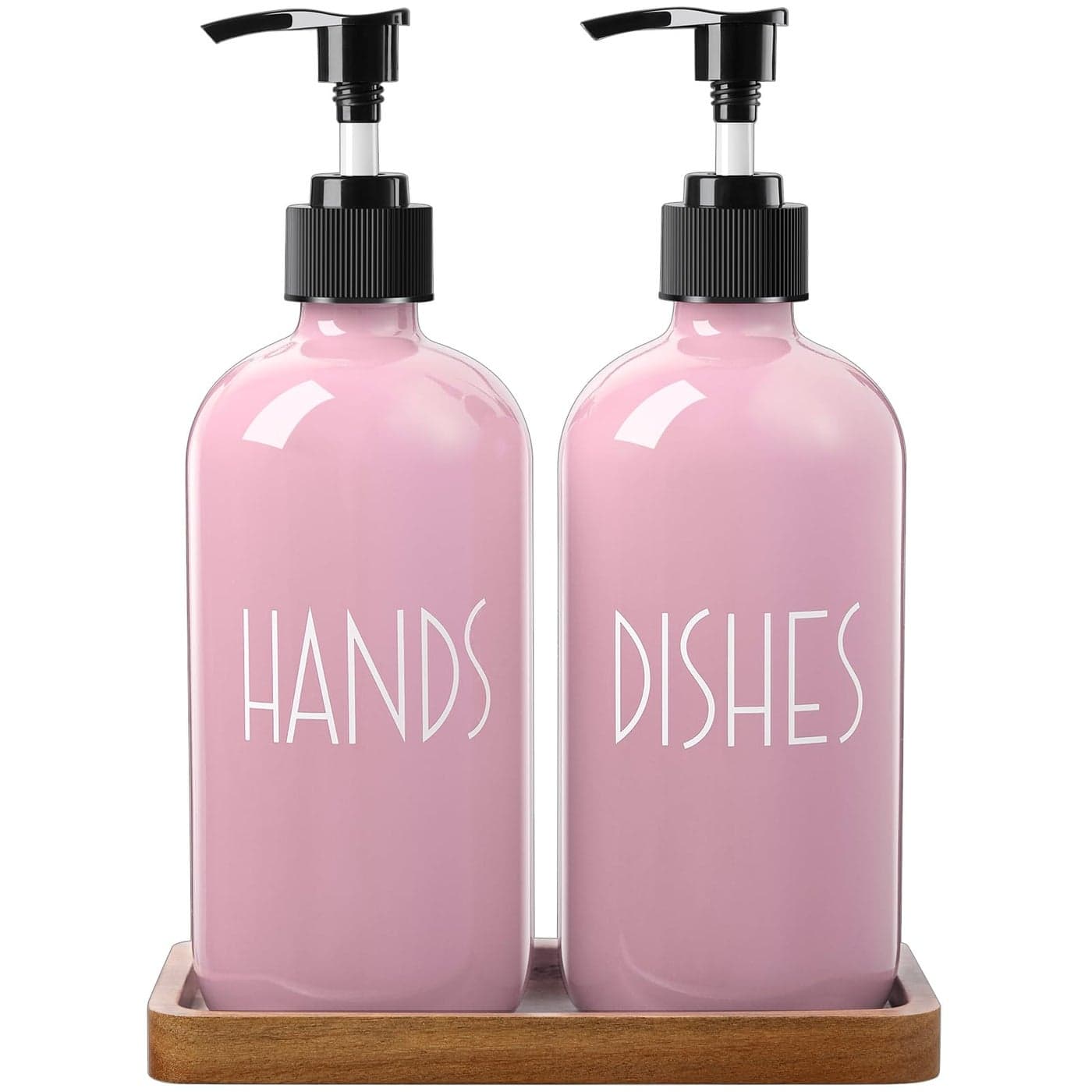 ALELION Dish Soap Dispenser for Kitchen 16 OZ Glass Hand Soap Dispenser Set with Acacia Wood Tray Pink Kitchen Bathroom Decor and Accessories