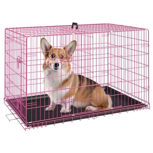FDW Dog Crate for Medium Dogs 30 Inch Folding Metal WirePet Cage Double Door W/Divider Panel Indoor Outdoor Kennel Leak-Proof Plastic Tray,Pink