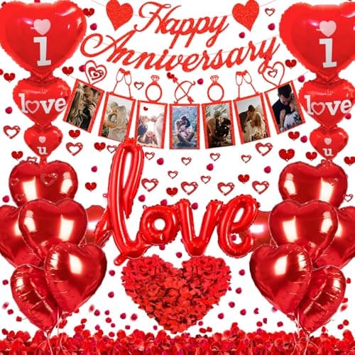 Happy Anniversary Decorations Set Happy Anniversary Banner and Balloons Photo Banner I Love You and Red Heart Balloons with Rose Petals for Weddings Valentines Day and Anniversaries