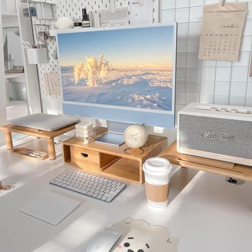 ROCDEER Dual Monitor Stand Riser with Drawer for Desk Laptop Desk Shelf with Adjustable Length and Angle Bamboo Computer Stand Riser for 2 or 3 Monitors Screen Laptop PC TV Natural