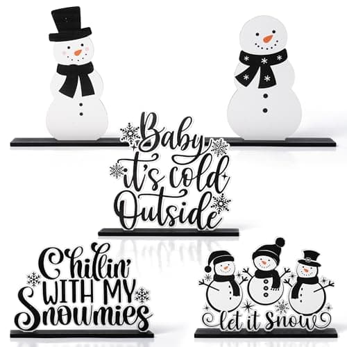 CPicdn 5Pcs Winter Christmas Tiered Tray Decor Centerpieces Snowman Snowflakes Wood Sign Farmhouse Rustic Table Topper Decoration Black White Let It Snow Holiday Supplies for Home Office Desk Shelf