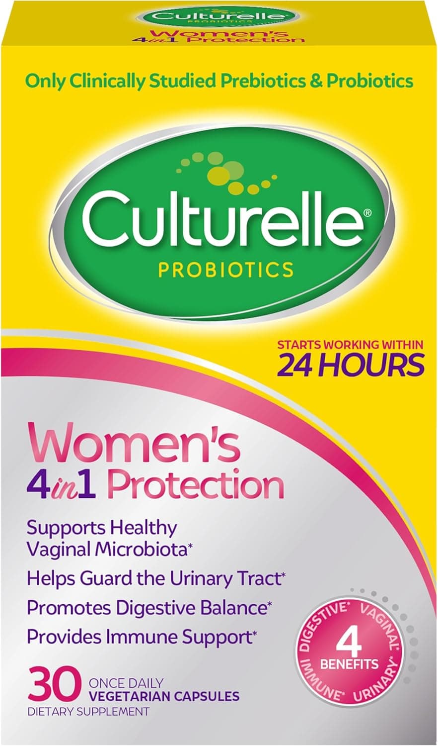 Culturelle 4in1 Probiotics for Women Daily Probiotic Prebiotic Supplement to Support Vaginal Health Digestive Health Immune Health Occasional Diarrhea Gas Bloating Relief NonGMO 30 Count