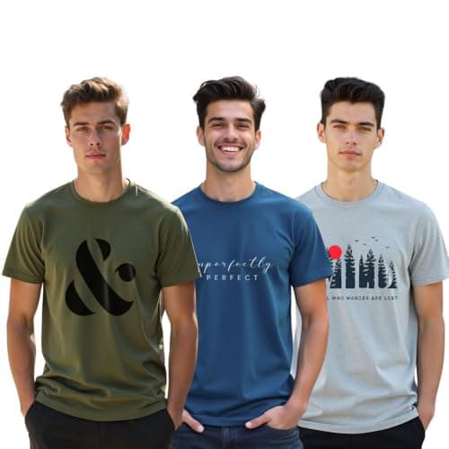 NOBERO Men's Cotton Letter Print Regular Fit T Shirt (1M-Twts-C0764-146X7_Olive Green/Marine/Grey Melange)