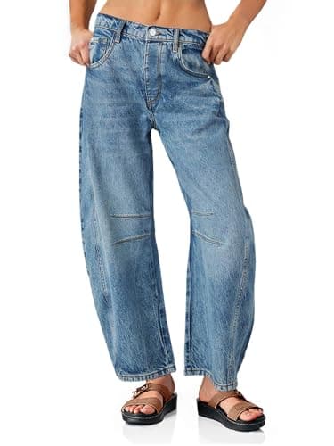 PLNOTME Women's Baggy Boyfriend Jeans Vintage Wide Leg Mid Rise Barrel Denim Ankle Pants