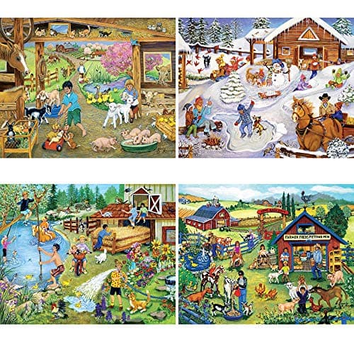 Bits and Pieces 4in1 MultiPack 300 Piece Jigsaw Puzzles for Adults Fun on The Farm by Artist Sandy Rusinko Completed Puzzle Size 16 x 20