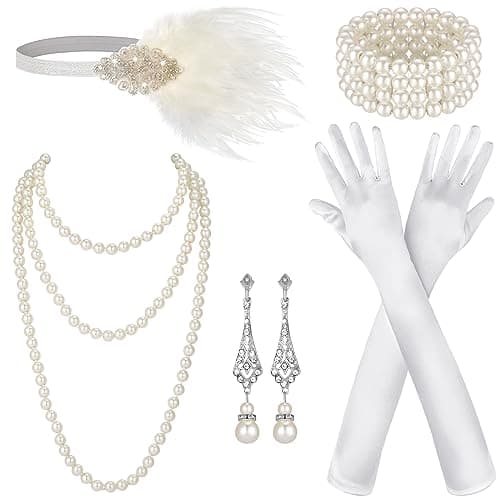 Maitys 1920s Flapper Gatsby Costume Accessories Set for Women Feather Headband Pearl Necklace Bracelet Earrings Gloves