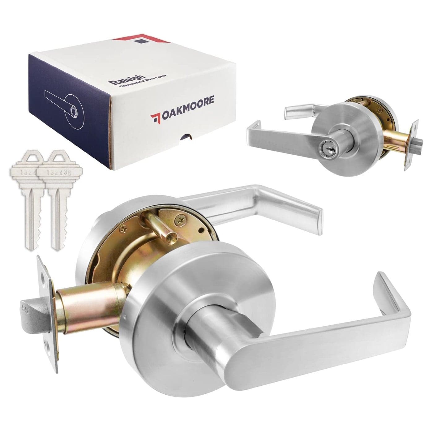 OAKMOORE Premium Commercial Door Handle Grade 2 (Classroom) Heavy Duty Lockset Keyed – Schools Offices Industrial Standard – Grade 2 UL CUL and ADA – Nickel Chrome Finish – ANSI A156.2