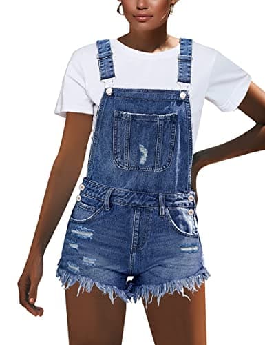luvamia Women's Ripped Short Overalls Adjustable Stretchy Denim Overall Shorts Romper Short Rompers And Jumpsuits For Women Shorts Overalls For Women Loose Fit Romper Shortsafter Dusk Blue Size Large