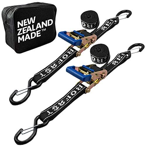 REAR TRANSOM BOAT TRAILER STRAPS RATCHET TIE DOWNS STRAP, Made in NZ - 1.5" x 4’ Heavy Duty Rear Transom with PVC Hooks For Trailered Boats, Pontoons & Jetskis - 3,300lbs Break Strength - (Pair) Black