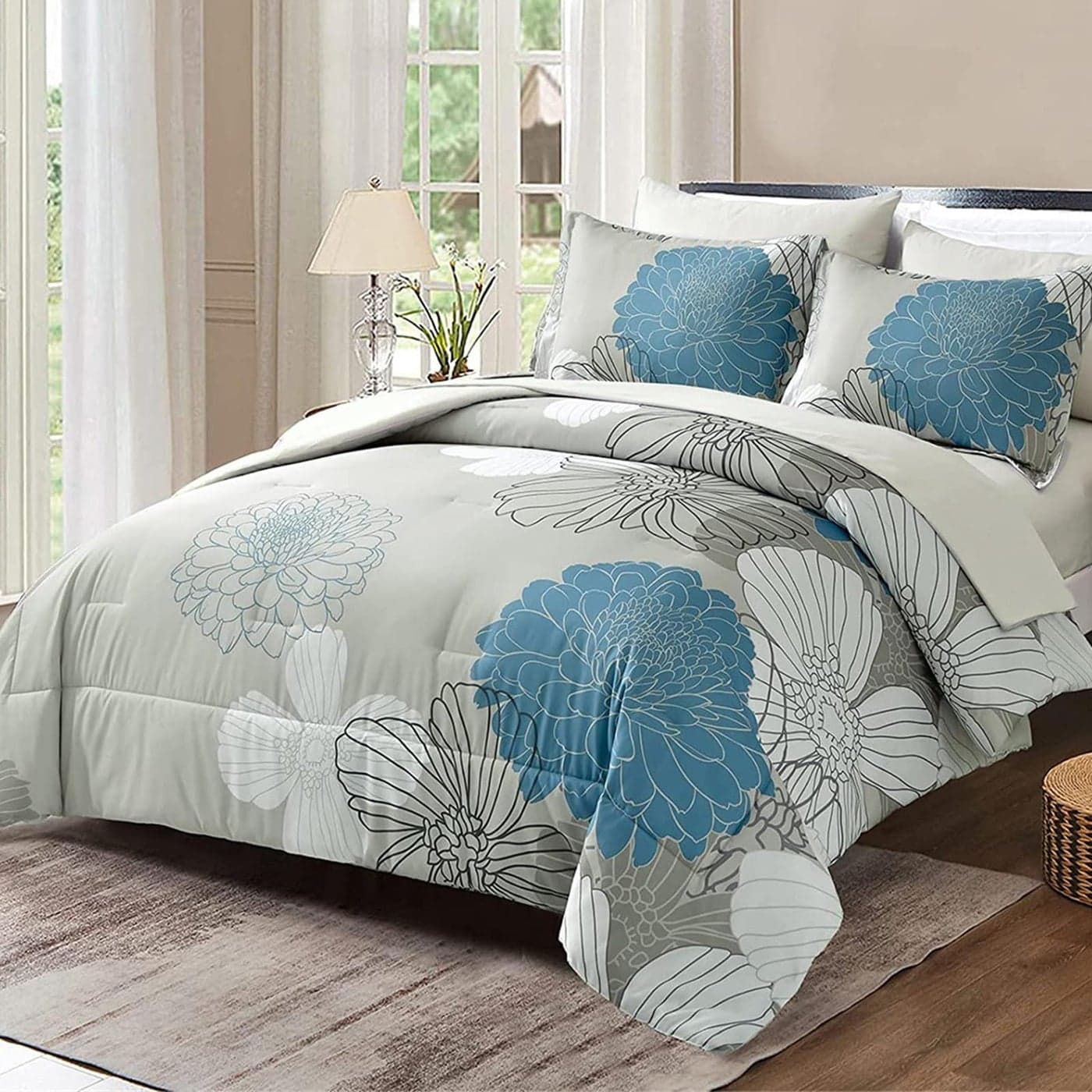Yiran 7 Pieces Bed in a Bag Blue Floral Comforter Set Queen Size Flowers Comforter Set Soft Microfiber Bedding Set 1 Comforter 1 Flat Sheet 1 Fitted Sheet 2 Pillowshams 2 Pillowcases