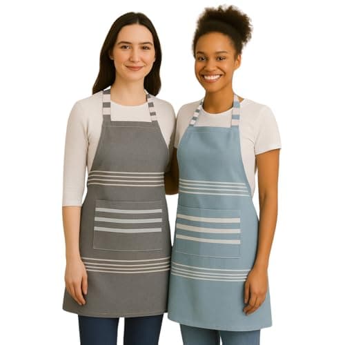 Värde 2 Pcs Unisex Cooking Aprons | Spillproof Layer | Striped Design with 2 Front Pockets & Free Size Neck Strap | Durable, Oil & Stain Resistant | Chef Apron for Cooking (Hit Grey & Rock Blue)