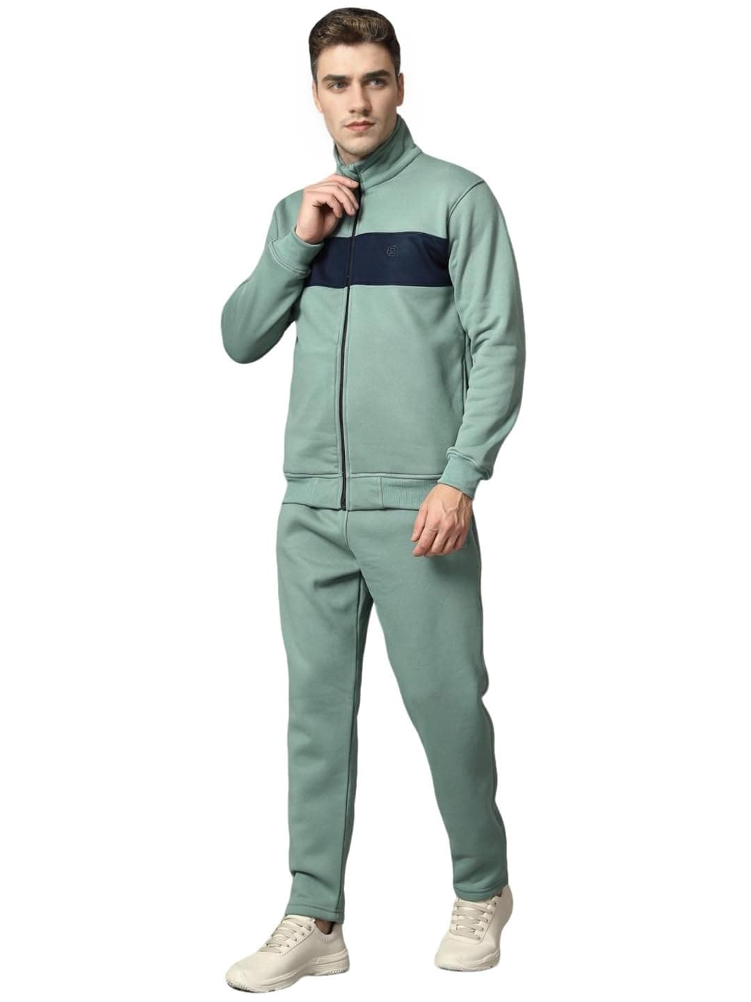CHKOKKO Mens High Neck Winter Tracksuit Full Zip Jacket with Elastic Waist Lower Warm and Soft Activewear Set for Gym Running and Casual Use PastelGreenNavy 2XL