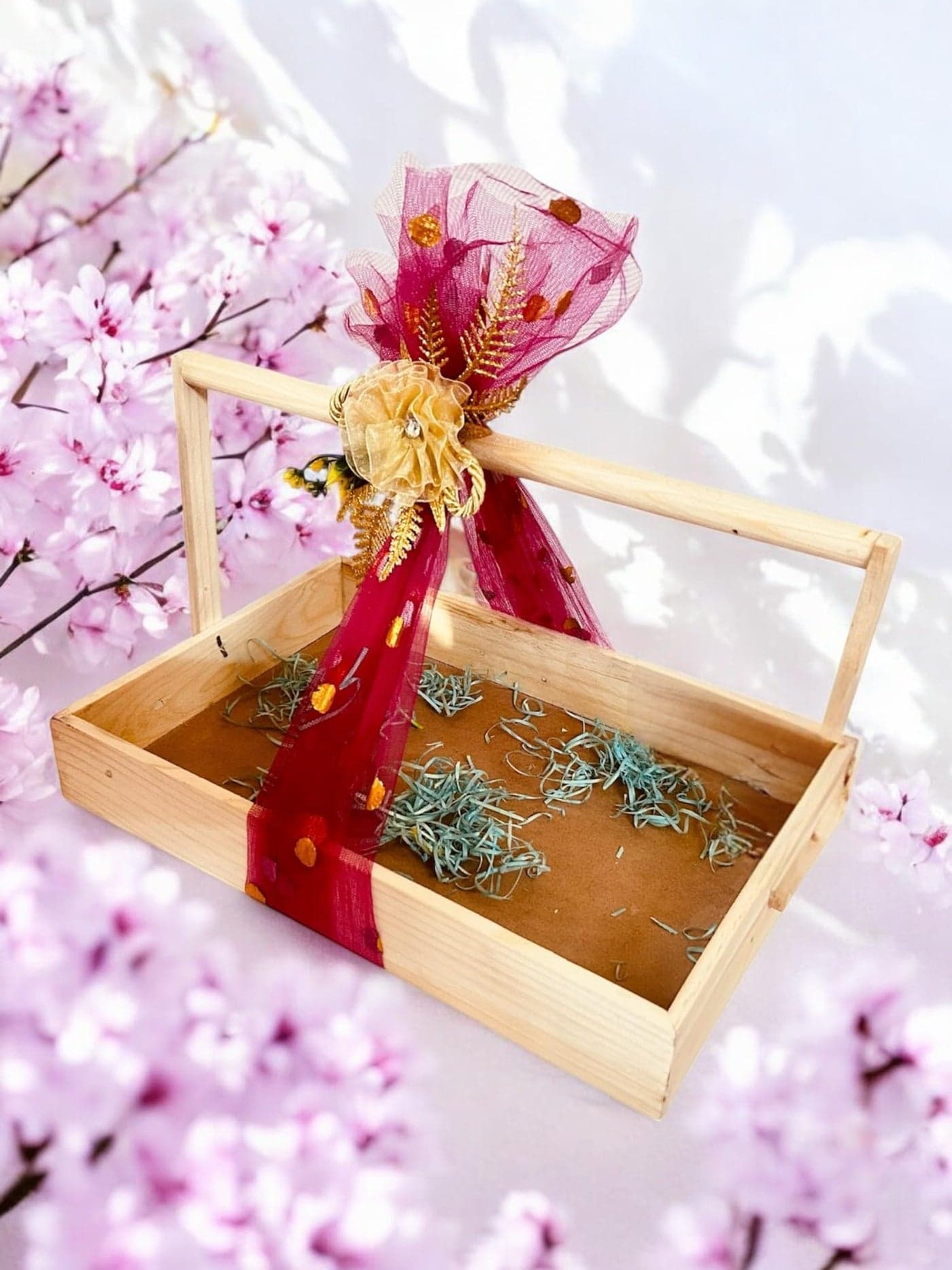 Vayu Art & Crafts Pine Wood Gift Hamper Basket with Handle with MDF Base Holiday Christmas Gifting with Complimentary Decoration Net & Decoration Flower 25x38x4.5 CM