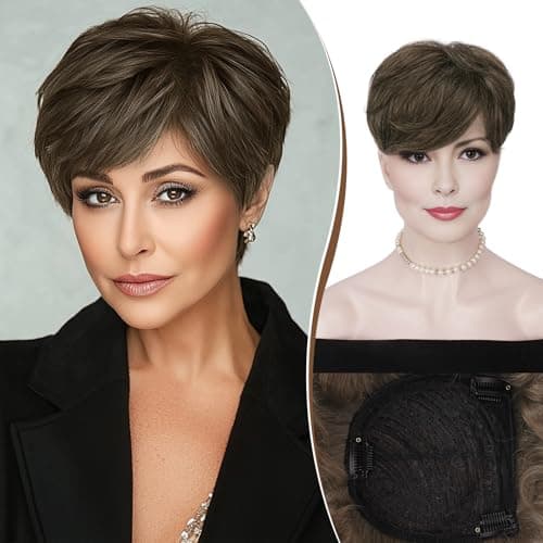 RUWISS Short Hair Toppers for Women Real Human Hair 5x55 Base Pixie Cut with Bangs ClipIn Curly Hair Pieces for Women with Thinning Hair Brown