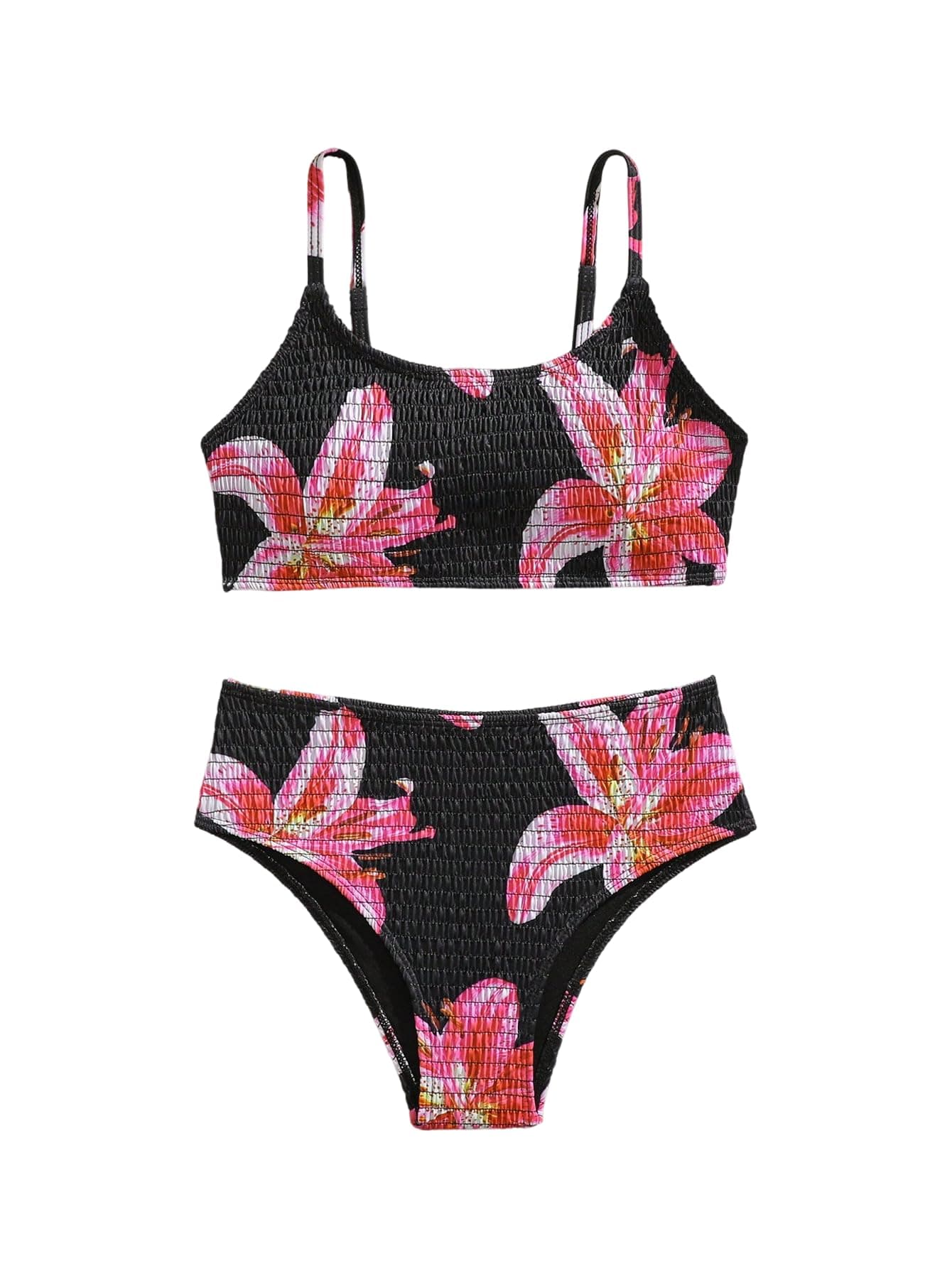 RoseSeek Girl's 2 Piece Floral High Waisted Swimsuit Smocked Wireless Bathing Suit Boho Holiday Beachwear Set Pink and Black 10Y