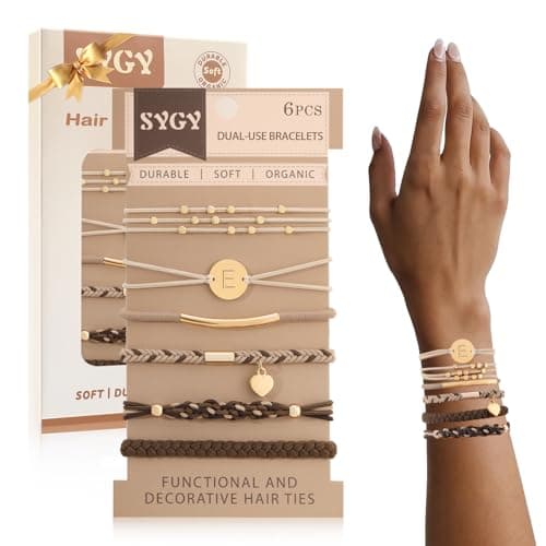 6 PCS Hair Bracelets for Women, Letter Boho Hair Ties for Thick & Thin Hair, Gold Initial Bracelet Sets, Dual-Use Stretch Bracelets, Braided Hair Ties for Ponytail Holders(E)