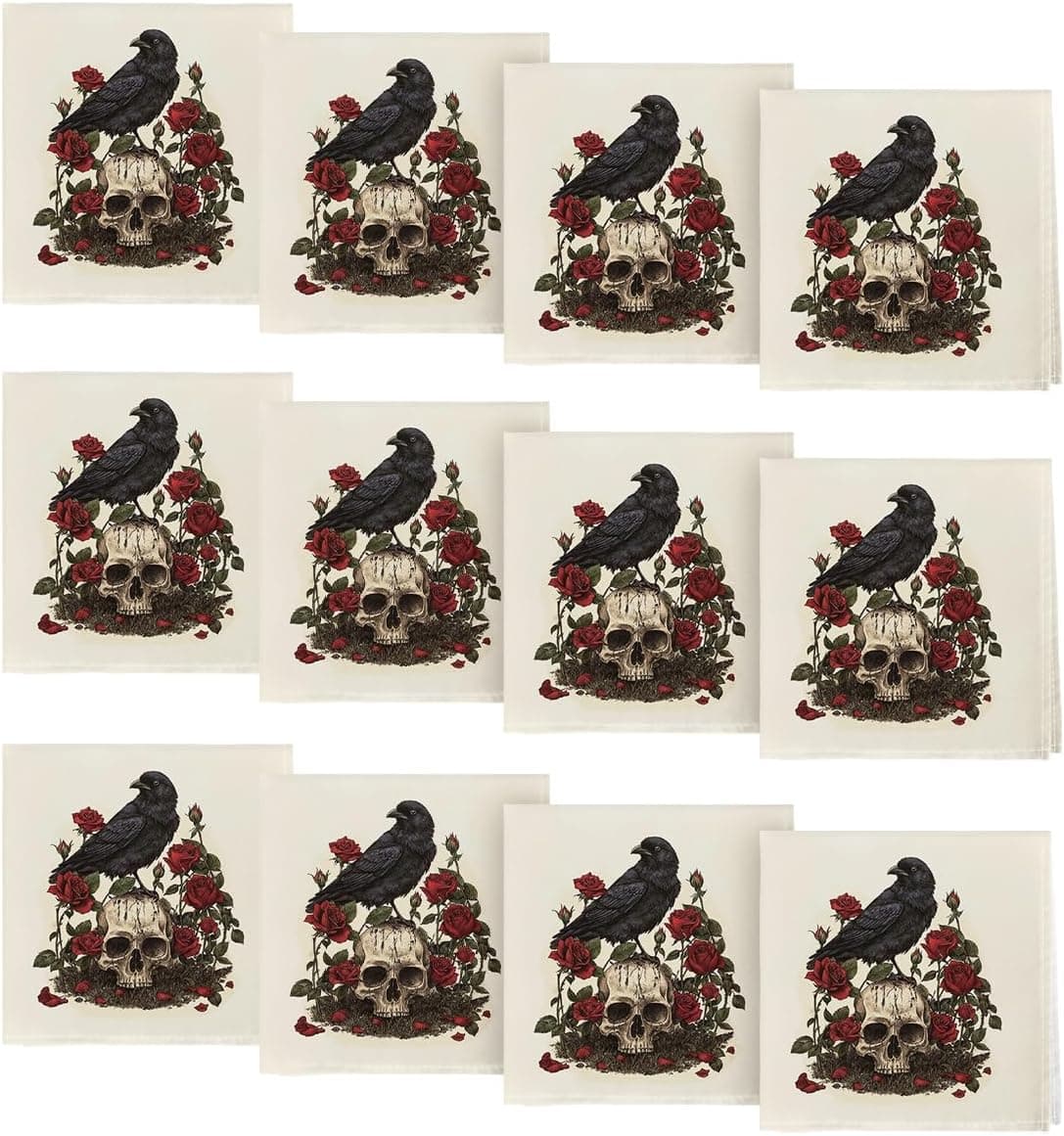 Horaldaily Halloween Cloth Napkins 18 x 18 Inch Crow Skeleton Roses Party Dinner Decoration Washable Napkins Set of 12