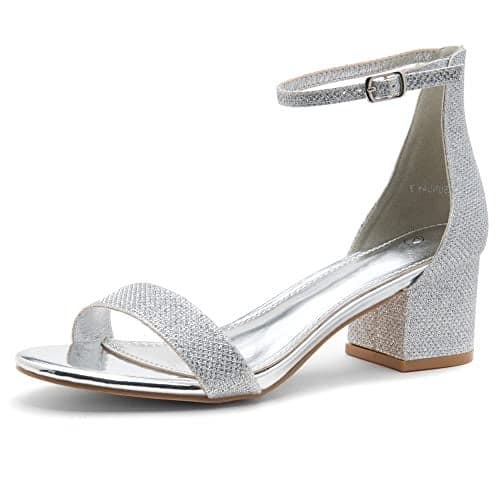 Herstyle Women’s Low Heels – Open Toe Chunky Block Heeled Sandals with Ankle Strap | Comfortable Dressy Short Heels for Prom, Wedding, Party & Office, SilverShimmer, Size 8.5, Sunday