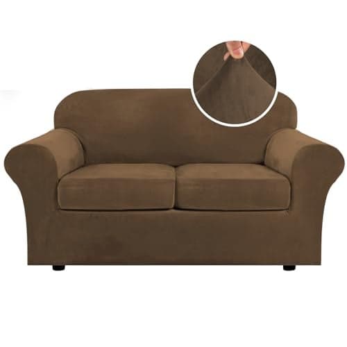 H.VERSAILTEX Real Velvet Plush 3 Piece Stretch Sofa Covers Couch Covers for 2 Cushion Couch Loveseat Covers Width Up to 72 Inch Feature Thick Soft Stay in Place (Medium Sofa, Bronze Brown)