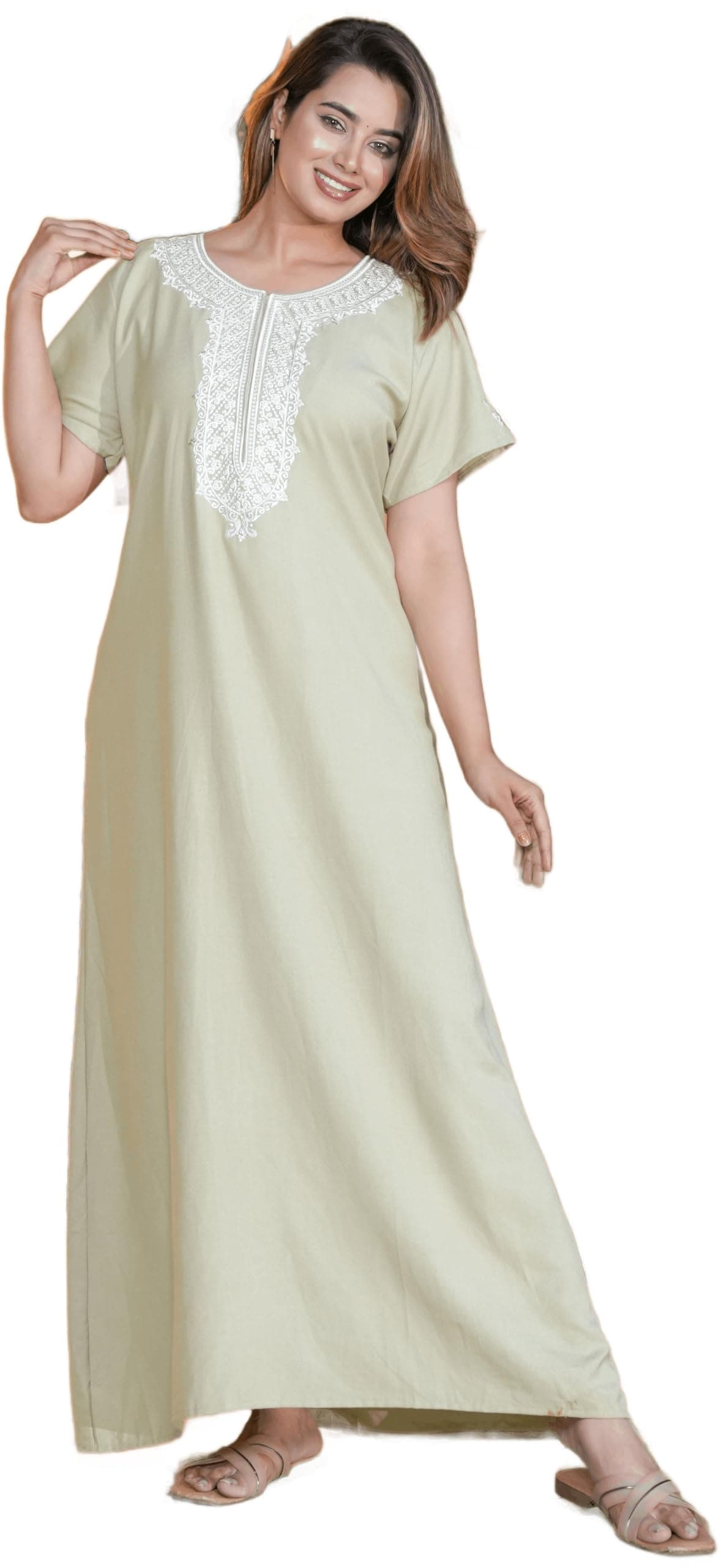 Alpine Fabric Nighty for Women with Heavy Embroidered Neck & Hook Opening | Free Size Night Dress with Deep Pocket (ALP-G1032, Pistachio Green)