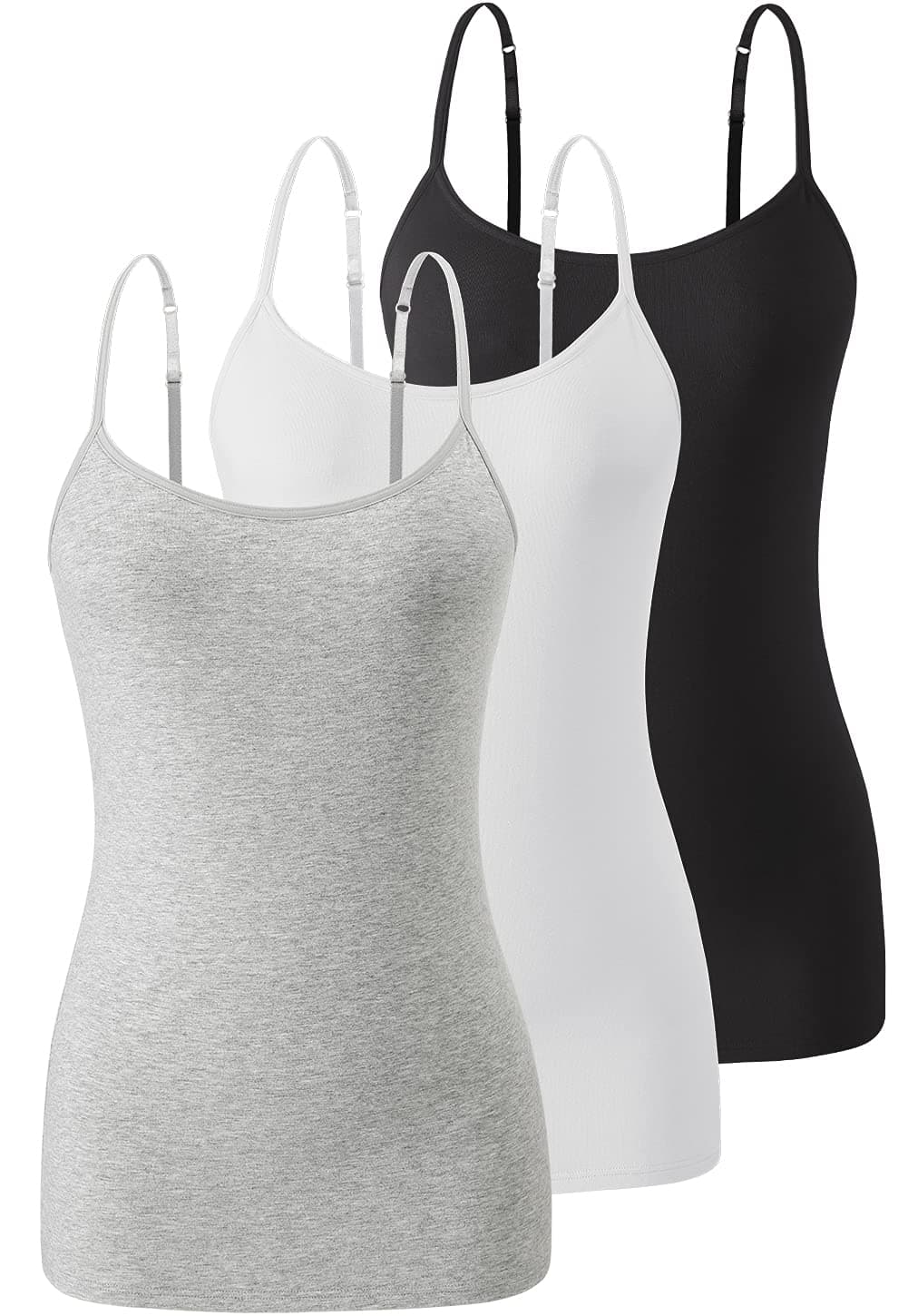 Air Curvey 3 Pack Camisole Tops for Women Built in Bra Adjustable Spaghetti Strap Soft Cotton Undershirt Tanks Seamless Layering Tops Black Whte Grey L