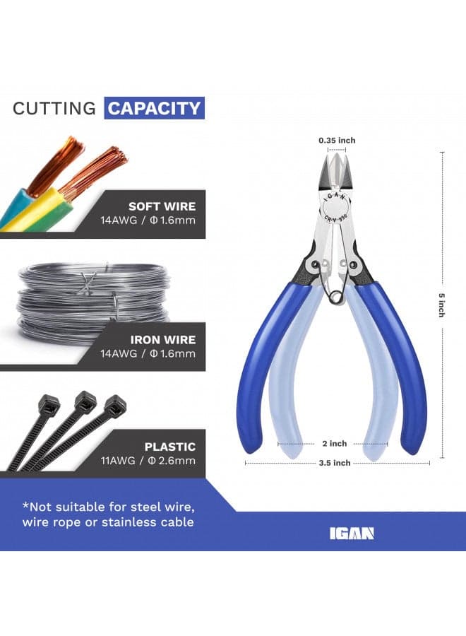 IGAN-330 Flush Cutters, Precision Wire Cutter, Flush Pliers, Wire Snips, Electrical Cutters, Sprue, Side & Small Wire Nippers, Diagonal Cut Snips, Ideal for Electronics & Precision Cutting Needs