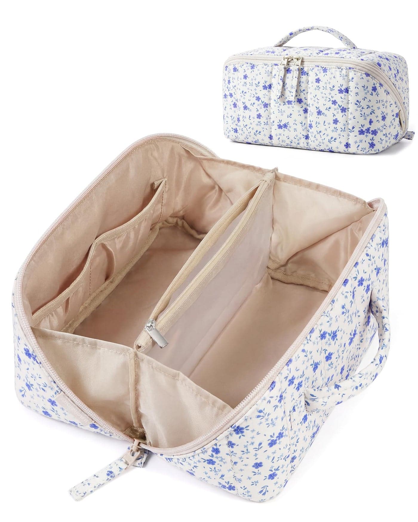 BAGSMART Travel Makeup Bag for Women, Portable Water-resistant Cosmetic Case, Puffy Padded Make Up Organizer Pouch, Open Flat Toiletry Bag for Toiletries, Brushes, Blue Ditsy Floral