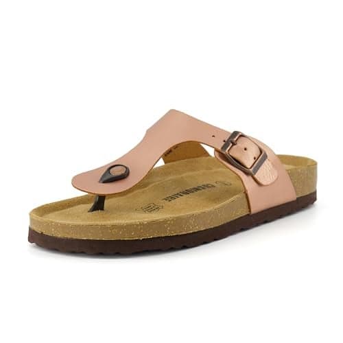 CUSHIONAIRE Leah Thong Womens Sandals - Cork Footbed Flip Flops for Women 2025 with Memory Foam and Adjustable Buckle Strap, ROSE GOLD 8.5