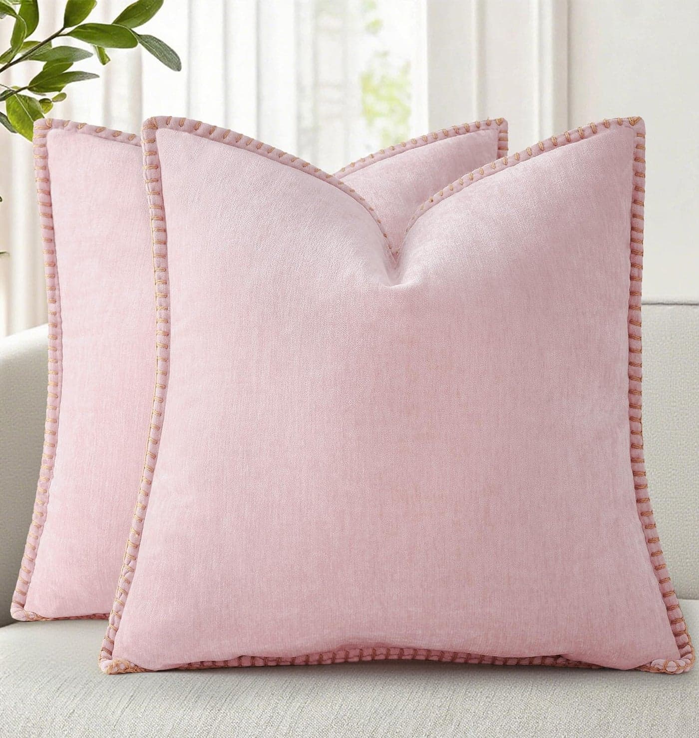 decorUhome Summer Chenille Soft Cozy Throw Pillow Covers 24x24 Set of 2, Modern Farmhouse Boho Velvet Decorative Euro Sham Pillow Cases with Stitched Edge for Couch Sofa Bed Home Decor, Blush Pink