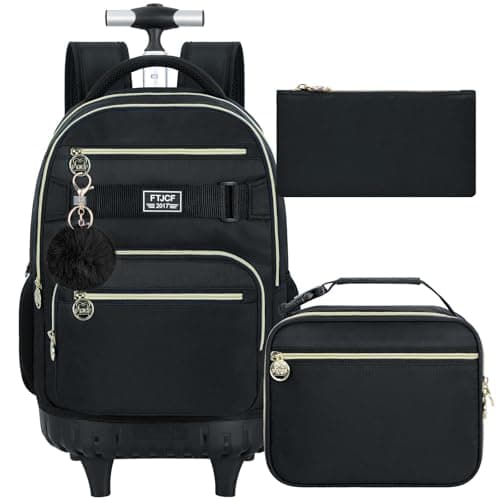 HPJGD 3PCS Rolling Backpack for Girls and Boys, Black School Backpacks with Wheels, Water Resistant Roller Wheeled Bookbag Set for Women Men