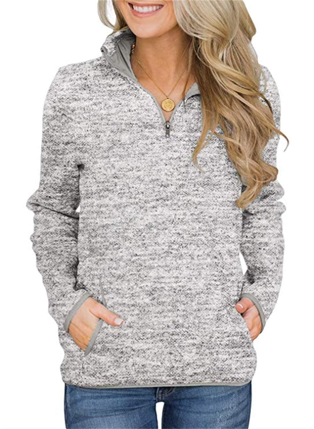 Artfish Womens Women Quarter Zip Casual Pullovers Fall Shirts Sweaters Sweatshirts with Pockets Grey L