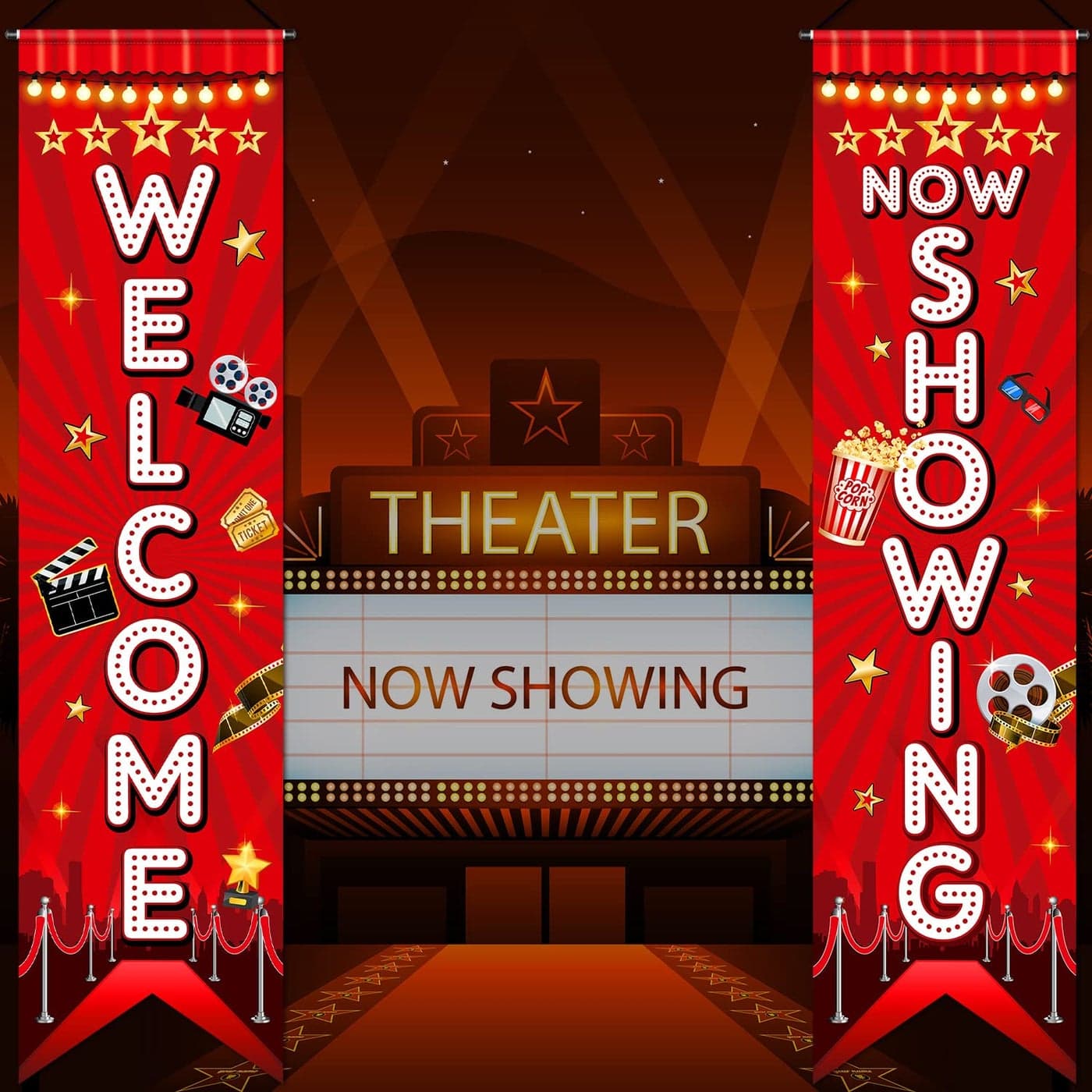 Tegeme Movie Night Porch Sign Banner Movie Theme Party Decorations Theater Welcome Now Showing Lights Camera Action Hanging Porch Sign for Home Film Backdrop Party SuppliesClassic Style