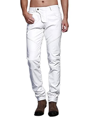 Idopy Men`s Slim Fit Party Performance Biker Faux Leather Jeans Pants (36, White)