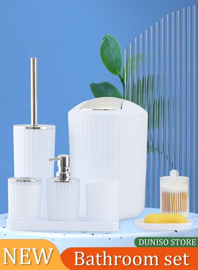 8 pieces of Bathroom accessories set ,plastic gift set, corrugated round electroplating bathroom set, with lotion bottle, toothbrush cup, mouthwash cup, soap tray, toilet brush, trash can, cotton swab box and tray (white)