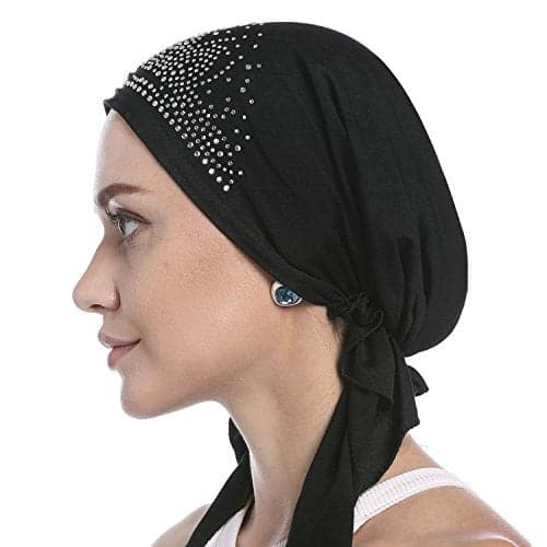 IPENNY Crystal Chemo Hat Woman's Stretchy Beanie Bandana Turban Cap Skull Cap Head Wrap Headscarf for Cancer,Alopecia Hair Loss (Black)