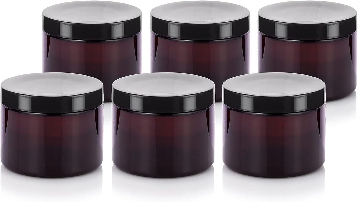 JUVITUS 6 oz Amber PET Plastic (BPA Free) Refillable Low Profile Jar (6 pack) Refillable Empty Storage Containers (Black Lids)