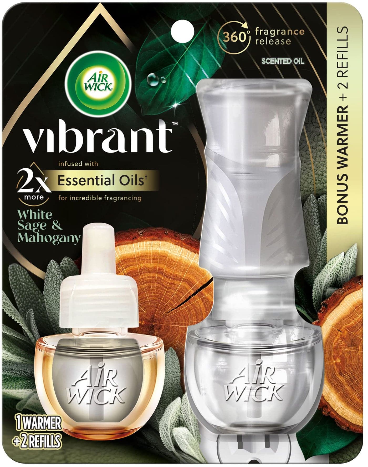 Air Wick Plug in Scented Oil Starter Kit (Gadget + 2 Refills), White Sage & Mahogany, Air Freshener, Essential Oils